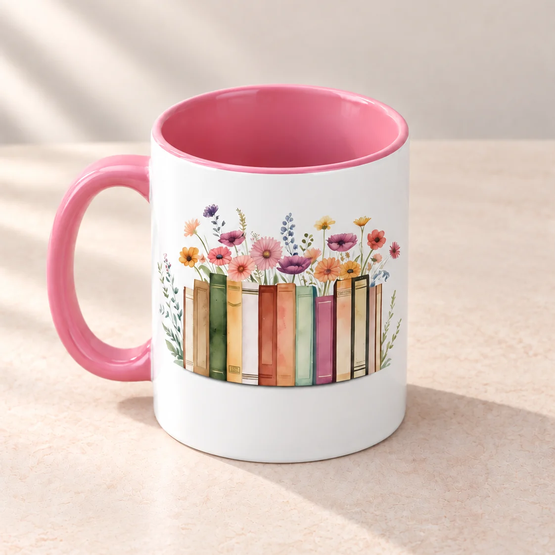 Books & Blooms mug, Rose pink